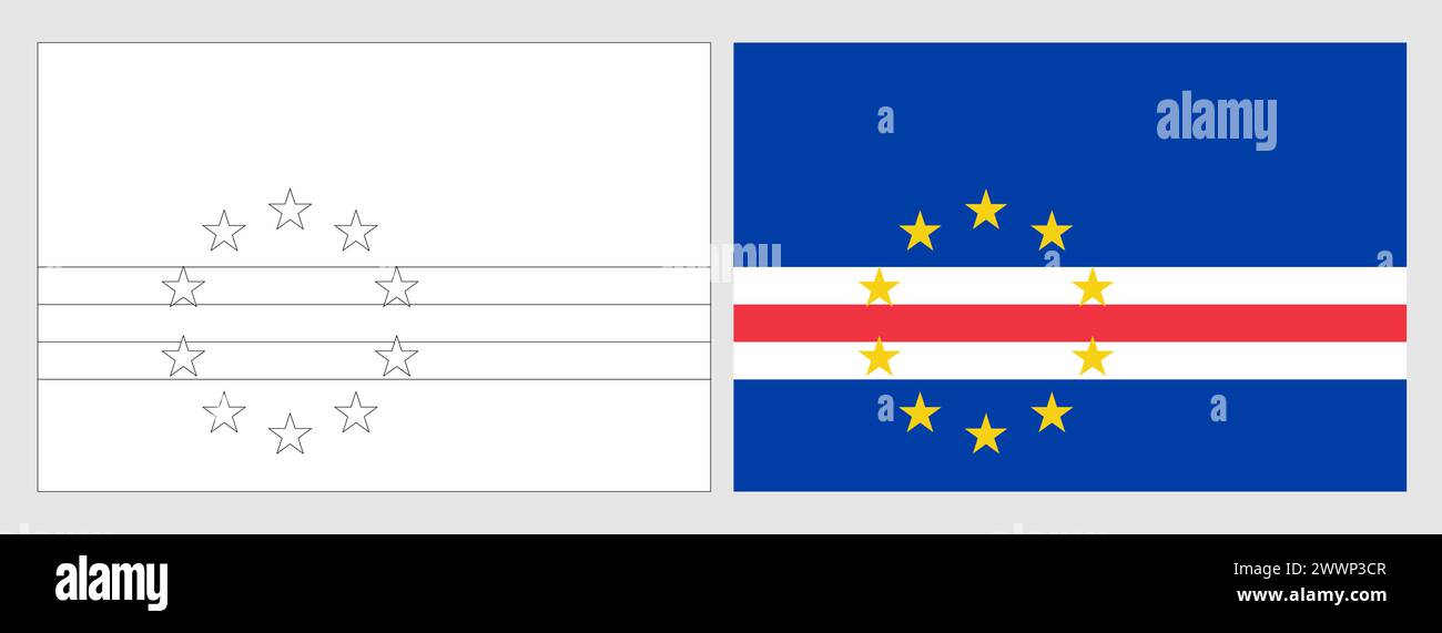 Drapeau du Cap-Vert - coloriage. Ensemble de drapeau blanc filaire à contour noir fin et drapeau coloré d'origine. Illustration de Vecteur