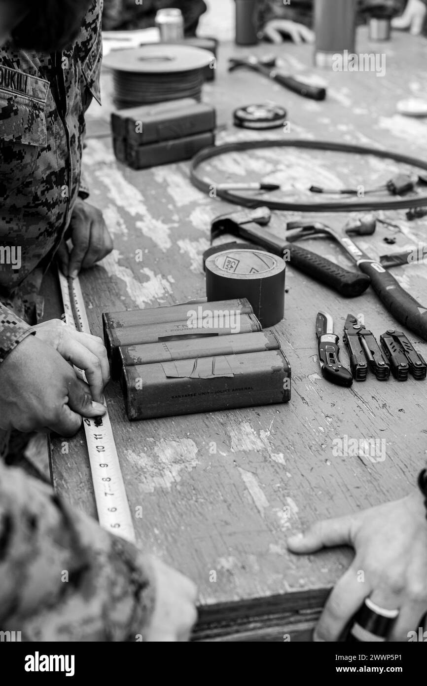 Les ingénieurs de combat du corps des Marines des États-Unis avec le 2e combat Engineer Battalion, 2e Marine Division (MARDIV) mesurent et coupent le cordeau détonant lors d'un champ de démolition à tir réel dans le cadre du Division leaders Assessment Program (DLAP) sur le camp Lejeune, Caroline du Nord, le 24 février 2024. Le DLAP est un cours rigoureux qui teste et améliore les capacités de combat des leaders de la 2d Marine Division. Illustration photo du corps des Marines par lance Cpl. Oliver Nisbet) Banque D'Images