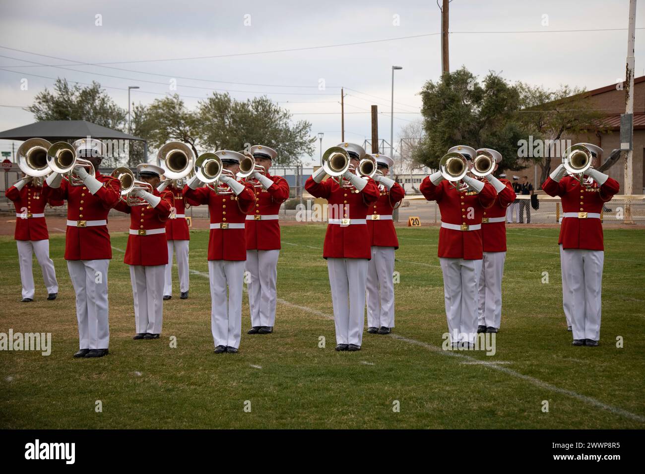 Les Marines avec "The commandant's Own", U.S. Marine Drum & Bugle corps, jouent lors d'une répétition de robe de détachement de couleur de bataille à la Marine corps Air Station Yuma, Ariz., 24 février 2024. Cette répétition a été l'aboutissement de plusieurs semaines de longues heures et d'entraînement rigoureux. Corps des Marines Banque D'Images