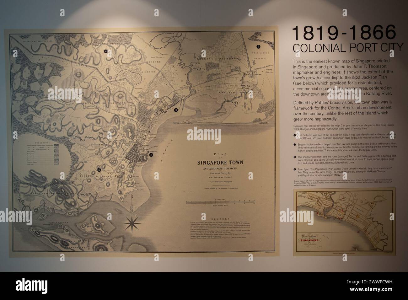 Ville portuaire coloniale, carte de Singapour de 1819 à 1866. 2024. Banque D'Images