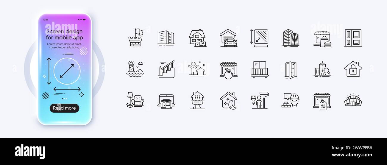 Icônes de bouclier, d'entrée et de ligne de bâtiments pour l'application Web. Icône de pictogramme. Écran dégradé de la maquette de téléphone. Vecteur Illustration de Vecteur