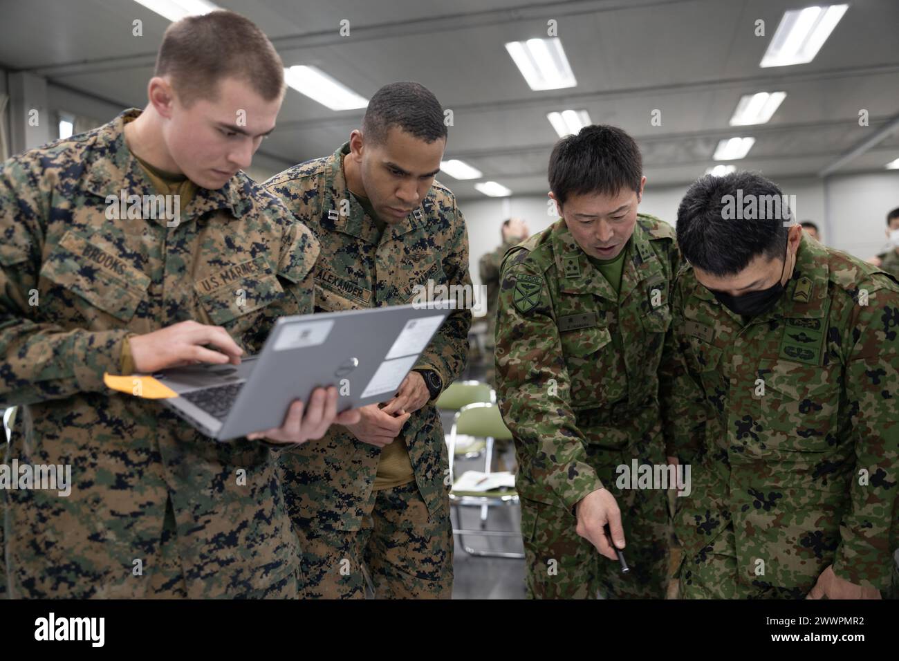 Les Marines américains avec la 31e Marine Expeditionary Unit, coordonnent avec les membres de la Force d'autodéfense terrestre du Japon avec le 2e Amphibious Rapid Deployment Regiment, lors d'un match de guerre, faisant partie de Iron Fist 24, sur le camp Ainoura, Sasebo, Japon, février 29, 2024. les jeux de guerre permettent de visualiser et de prévoir les mesures à prendre aux côtés de leurs alliés contre un adversaire commun. Iron Fist est un exercice bilatéral annuel conçu pour accroître l'interopérabilité et renforcer les relations entre le corps des Marines des États-Unis, la marine américaine, la Force japonaise d'autodéfense terrestre et le Marit japonais Banque D'Images