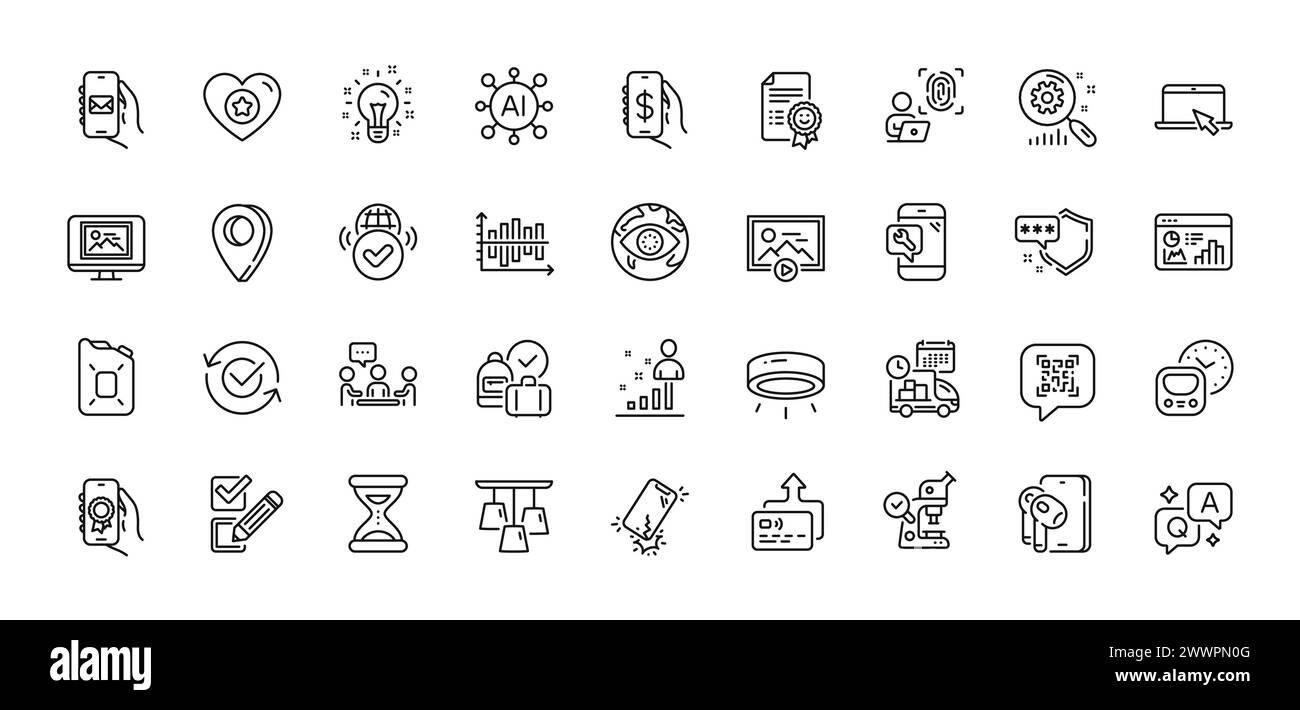 Empreinte digitale de l'ordinateur, réparation du téléphone et pack d'icônes de ligne de statistiques de recherche. Pour l'application Web. Icônes de ligne. Vecteur Illustration de Vecteur