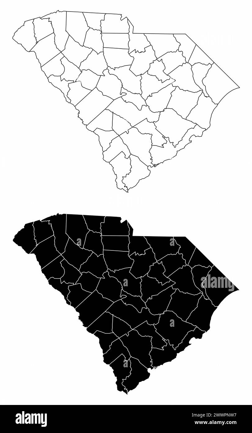 Les cartes administratives en noir et blanc de l'État de Caroline du Sud, États-Unis Illustration de Vecteur