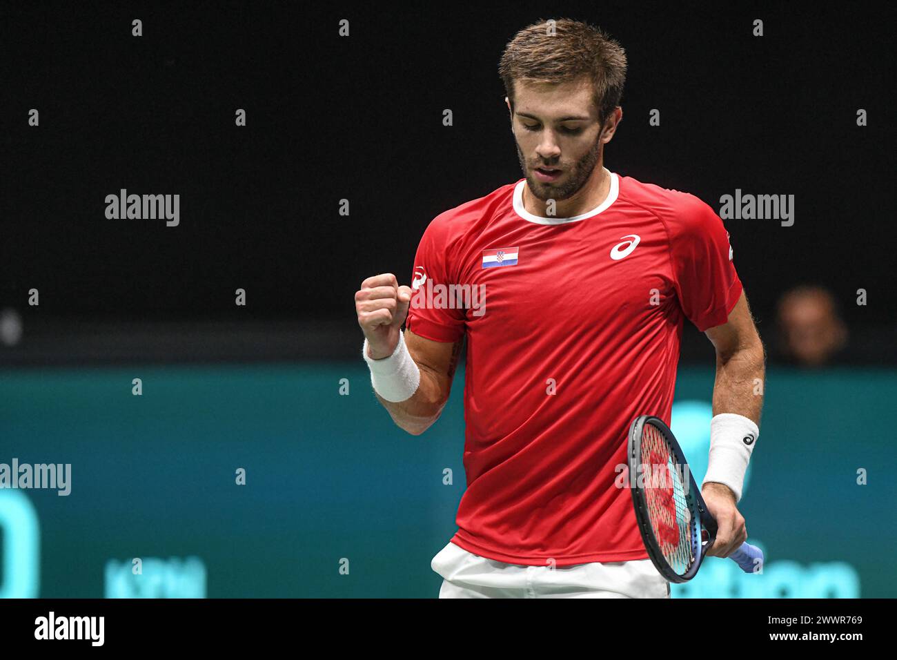 Borna Coric (Croatie) contre l'Argentine. Finale de la coupe Davis, Groupe A (Bologne) Banque D'Images