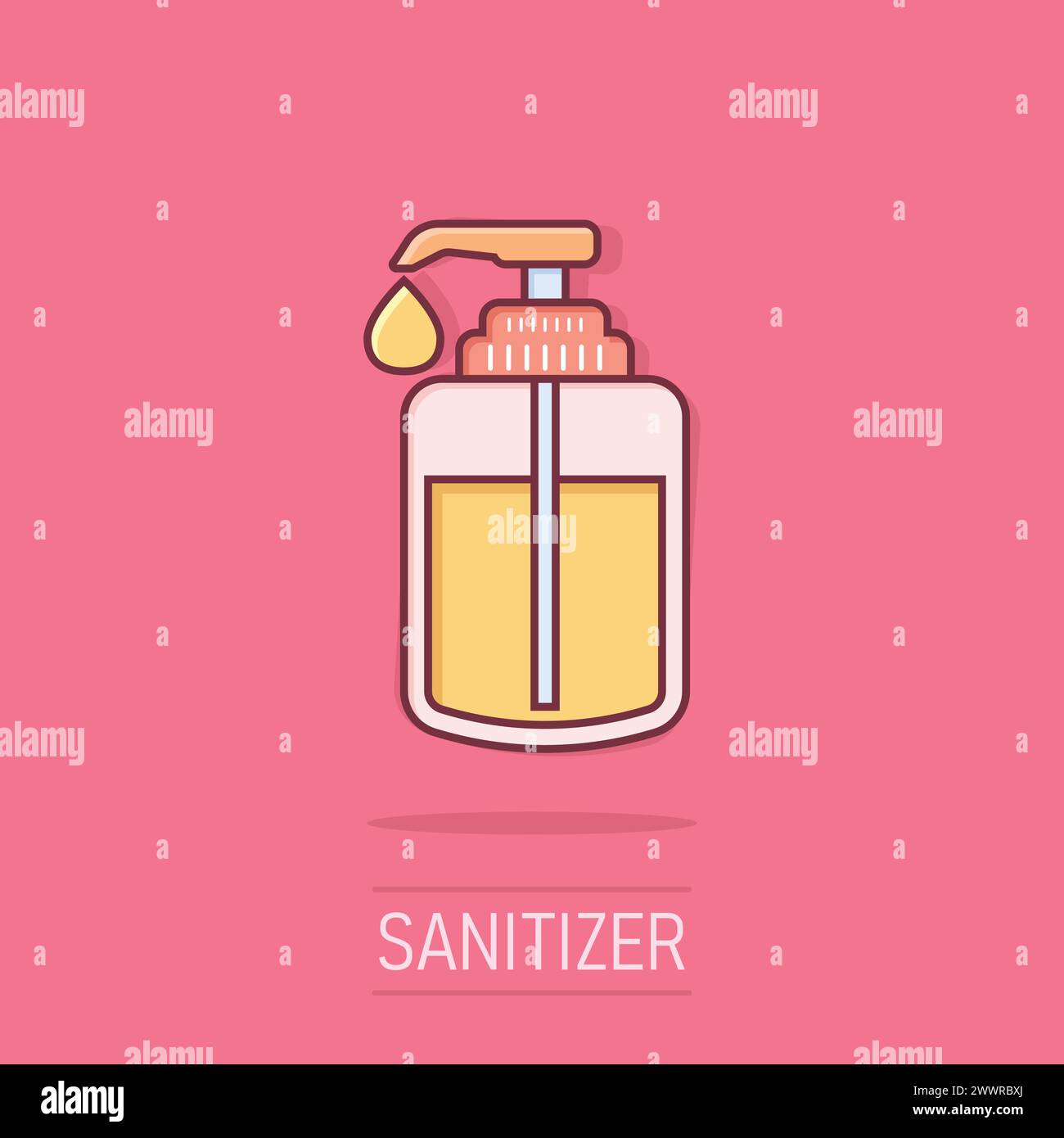 Icône désinfectant pour les mains de style comique. Illustration vectorielle de la bouteille antiseptique sur fond isolé. Désinfectez le panneau d'effet de gel anti-éclaboussures du co commercial Illustration de Vecteur