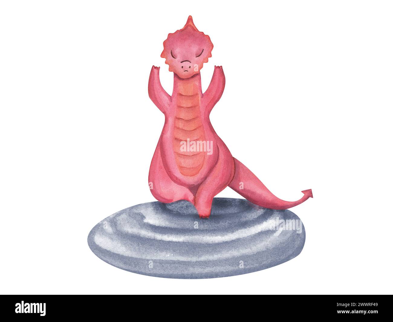 Dragon rouge méditant sur la pierre. Animaux pratiquant des exercices de yoga. Dragon abstrait. Illustration aquarelle isolée sur fond blanc. Pour le yoga, spa Banque D'Images
