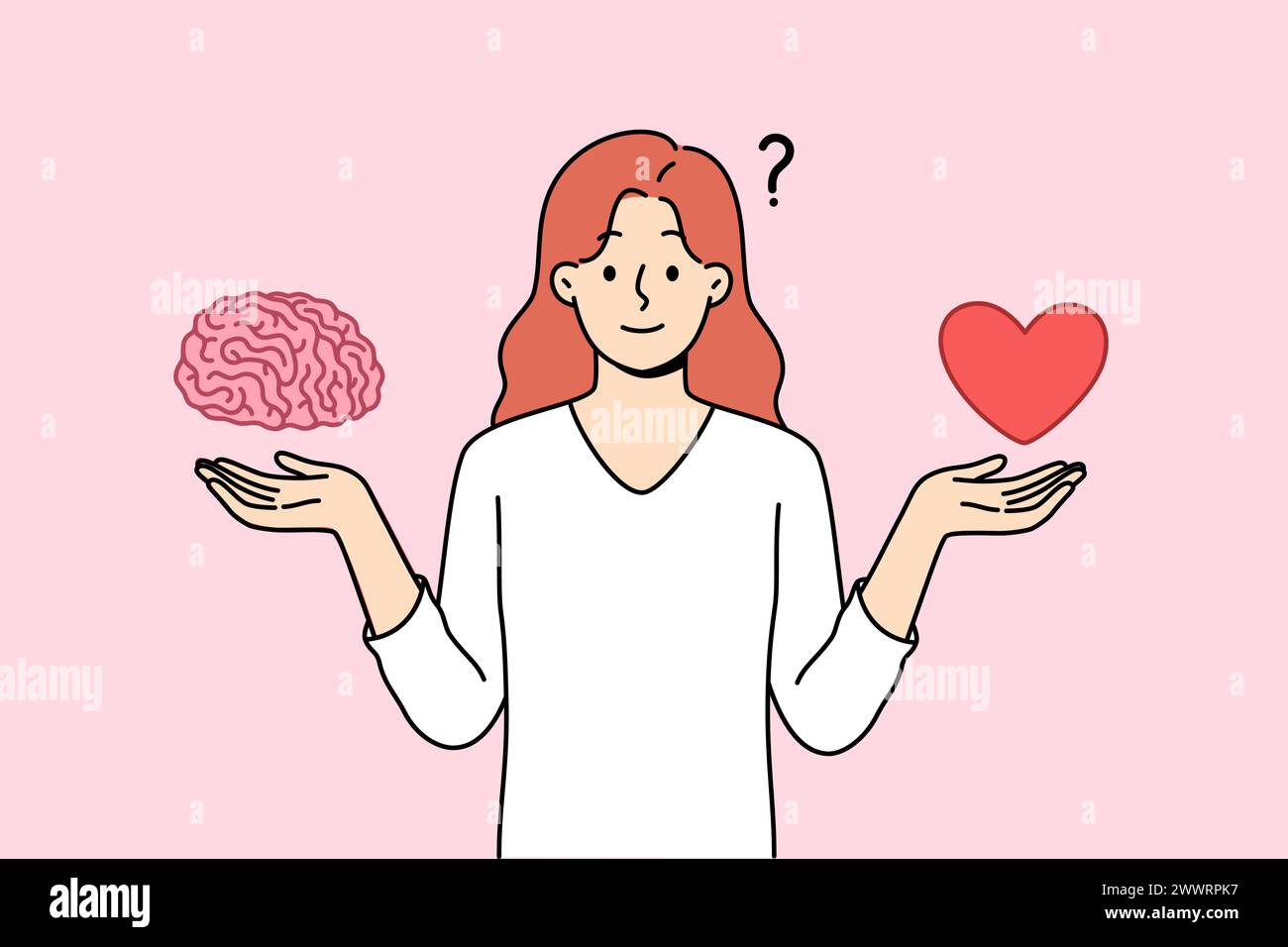 La femme essaie d'équilibrer entre l'éducation et la relation amoureuse, tenant le cœur avec le cerveau dans les mains. Choisir les priorités de la vie et équilibrer l'instinct ou l'intellect lors de la prise de décisions Illustration de Vecteur
