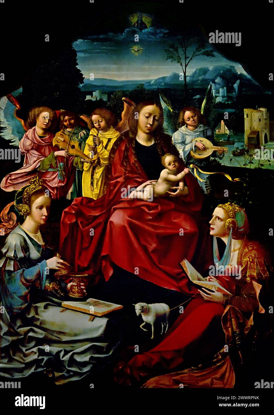 Marie avec enfant, Marie Madeleine, Agnès, Catherine et Barbara (triptyque) anonyme1500 - 1519 Musée Mayer van den Bergh, Anvers, Belgique, Belgique. Banque D'Images