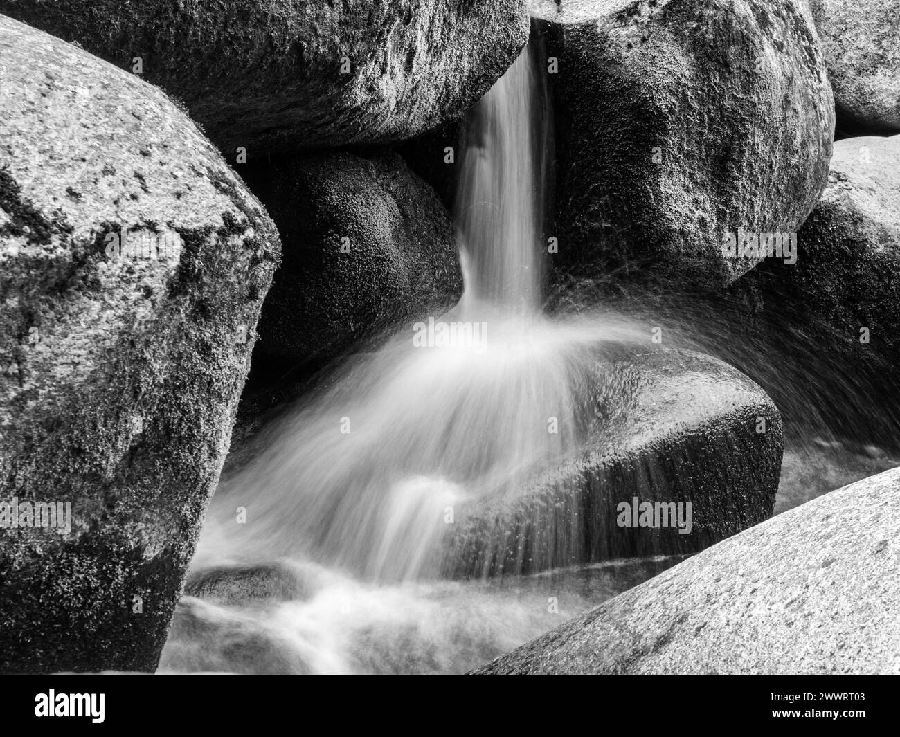 Vue détaillée de la petite cascade de rivière sur une rivière de montagne rocheuse. Eau de soie floue par tir à longue exposition. Image en noir et blanc. Banque D'Images