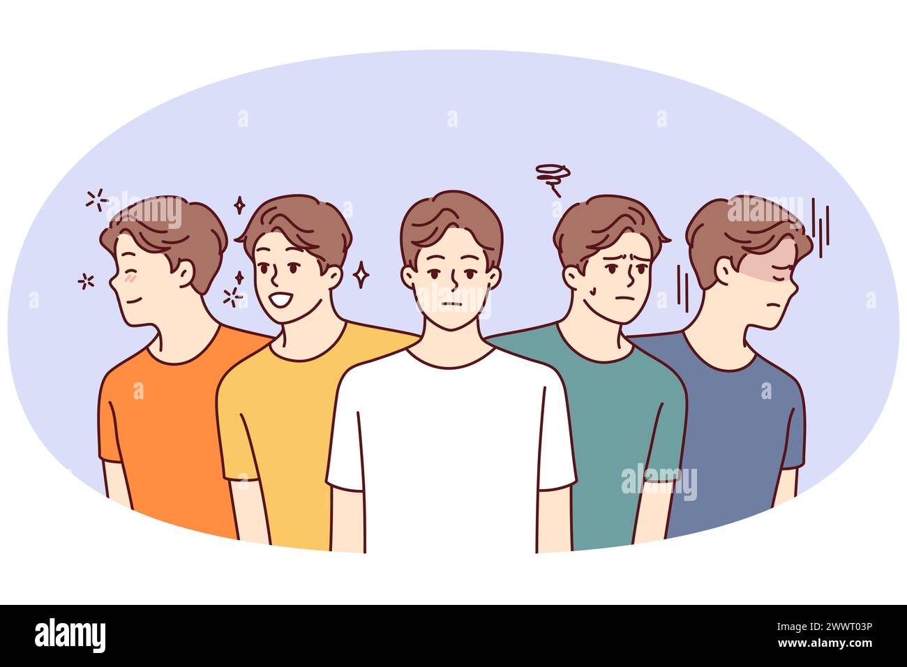 Les hommes identiques avec des émotions positives et négatives regardent dans différentes directions pour le concept de changements d'humeur fréquents. Les jeunes garçons en t-shirts décontractés colorés sourient ou s'en fronce. Illustration vectorielle plate Illustration de Vecteur