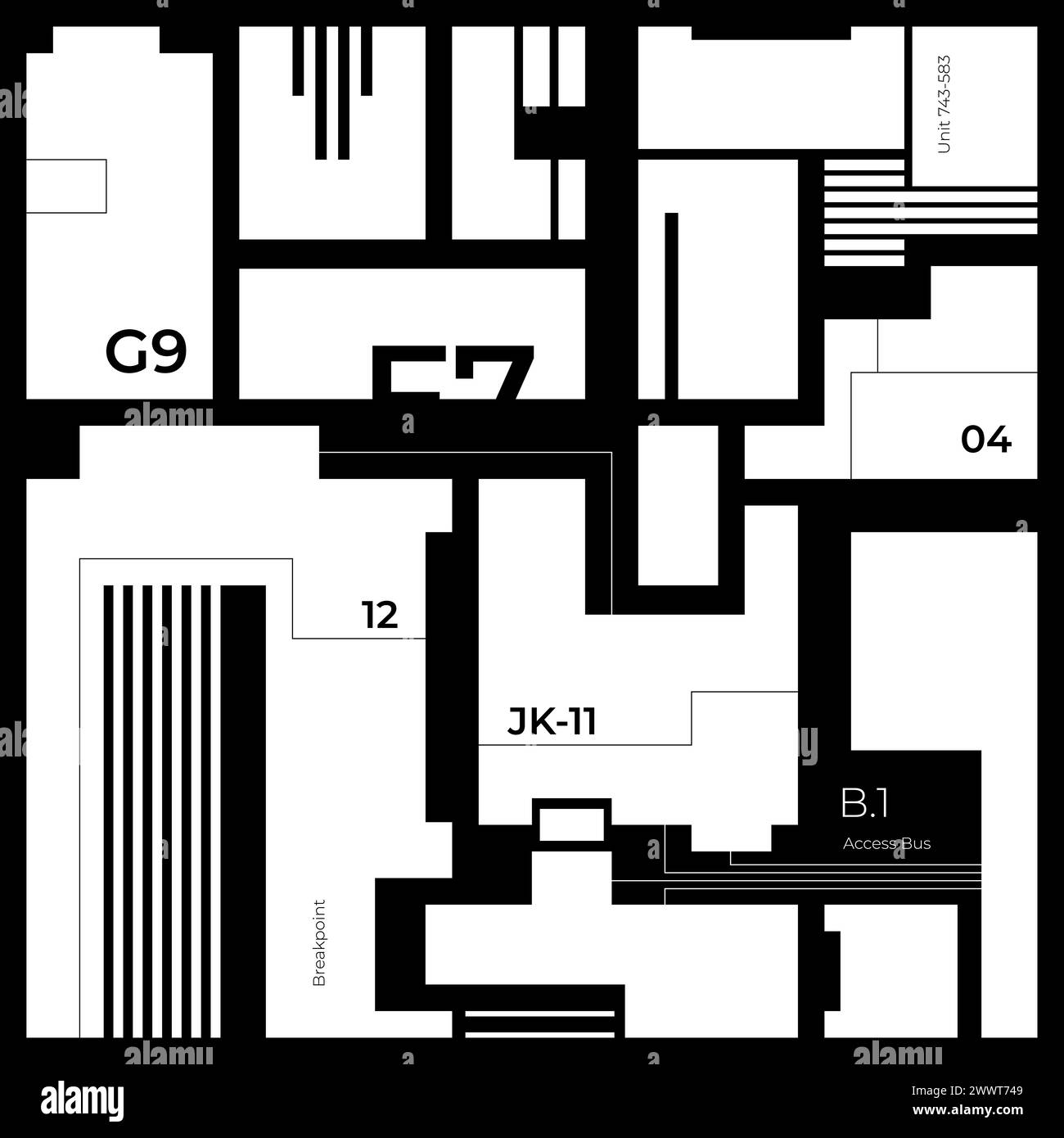 Schéma de principe abstrait d'une micropuce, conception en forme de carré pour les superpositions, représentation abstraite des composants électroniques et des unités de calcul, futur Illustration de Vecteur