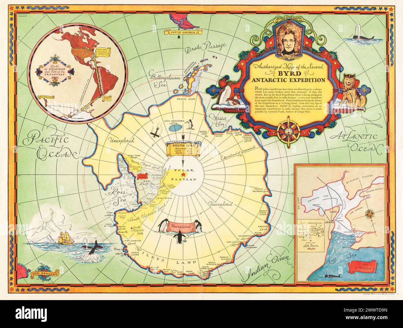 Carte picturale vintage de l'Antarctique : carte autorisée de la deuxième expédition Byrd Antarctique / George Annand. Publié G. F. Corp, [1934]. MAP est parrainé par General Foods Banque D'Images