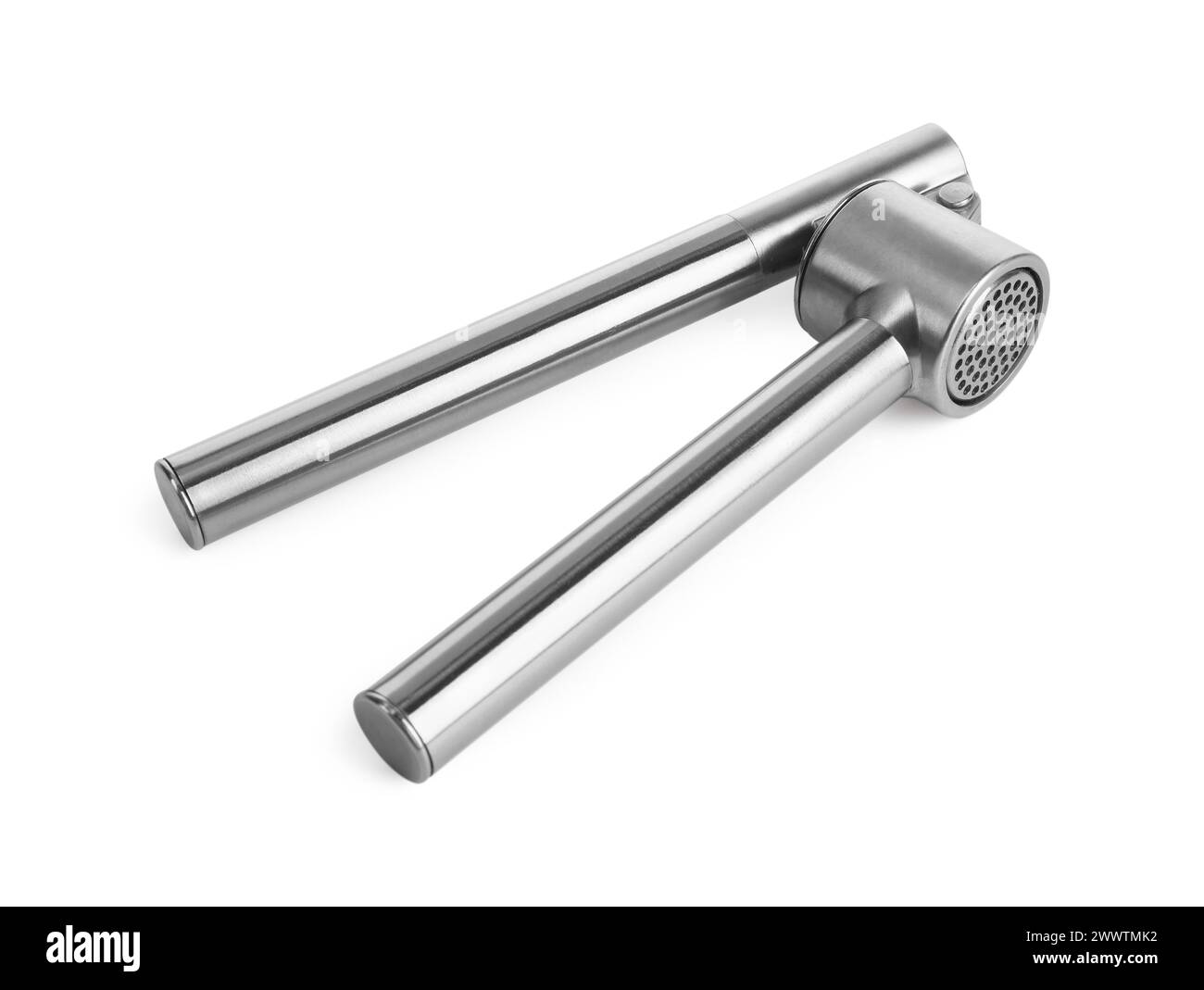 Un pressoir à ail en métal isolé sur blanc Banque D'Images