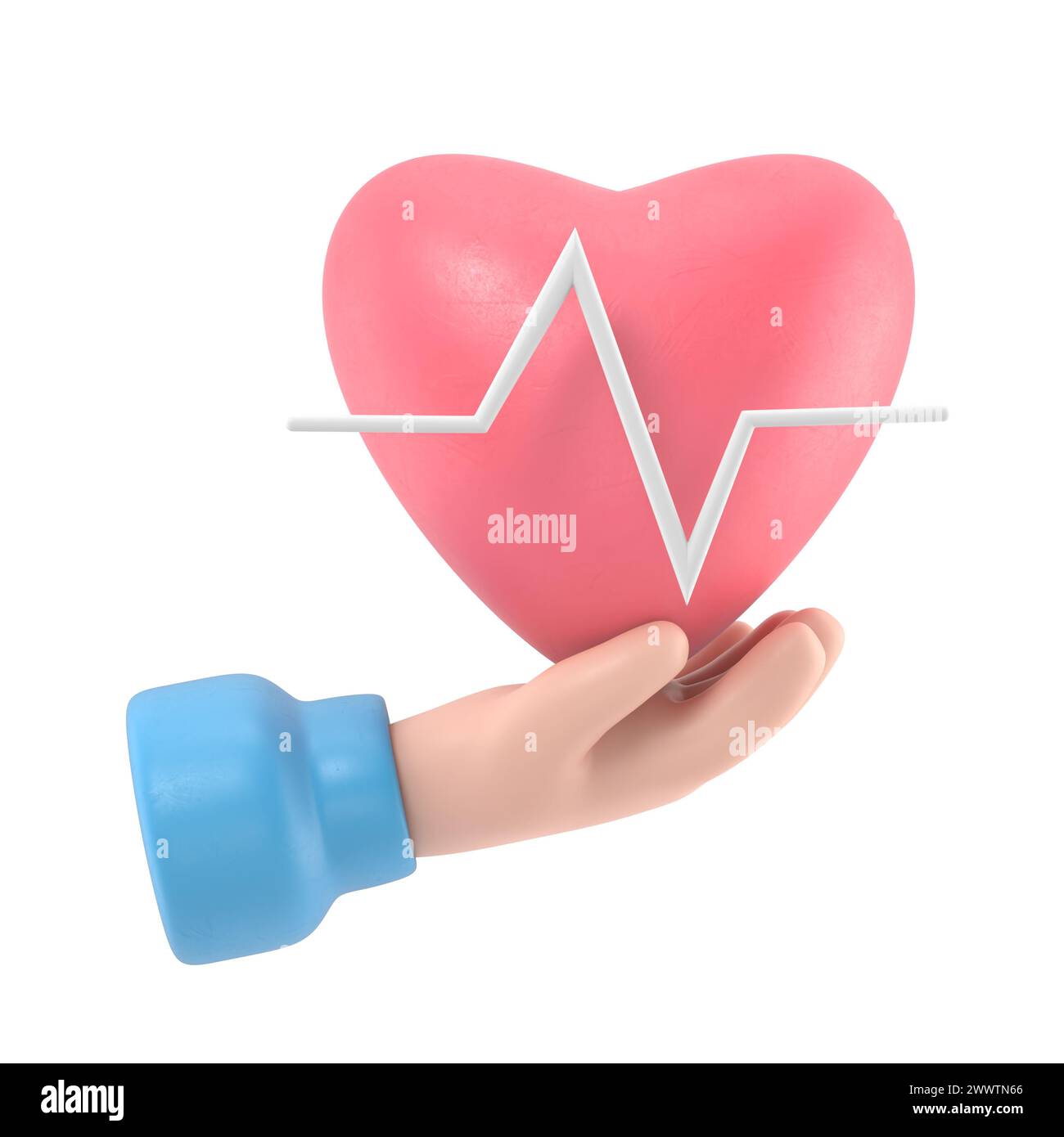 rendu 3d. Icône de fréquence cardiaque médicale. Médecin ou cardiologue main de dessin animé tenant le cœur avec la ligne de la carte. Healthcare illustration.rendu 3D sur blanc b Banque D'Images
