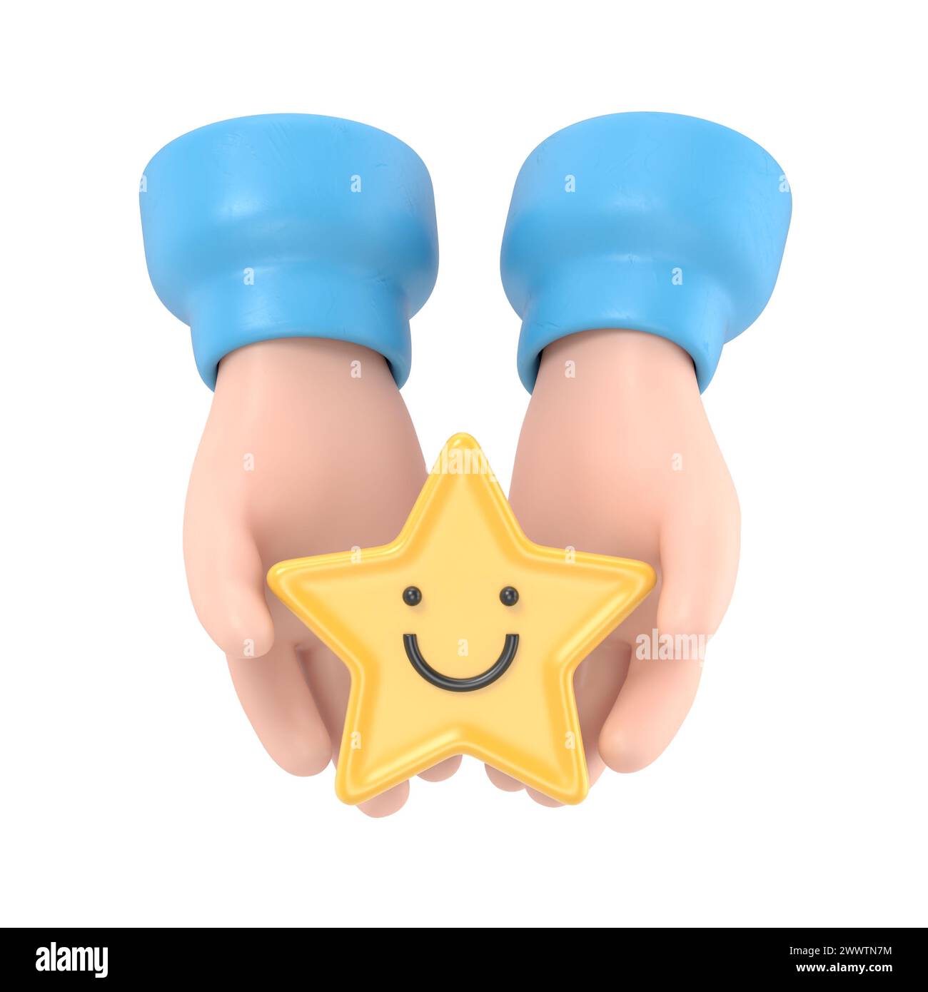 Main tenant l'étoile jaune visage de sourire heureux, bonne note de rétroaction, avis positif, sondage de satisfaction, évaluation de la santé mentale, bien-être enfant, monde Banque D'Images