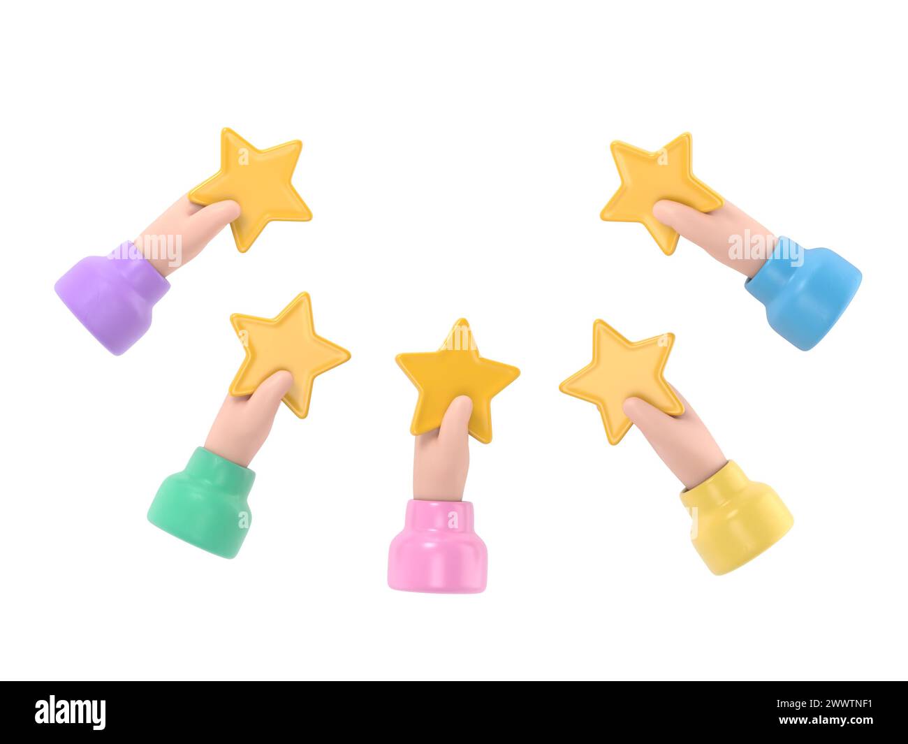 Personnages de personnes qui donnent un feedback cinq étoiles. Les clients qui choisissent le taux de satisfaction et laissent un avis positif. Service client et expérience utilisateur Co Banque D'Images