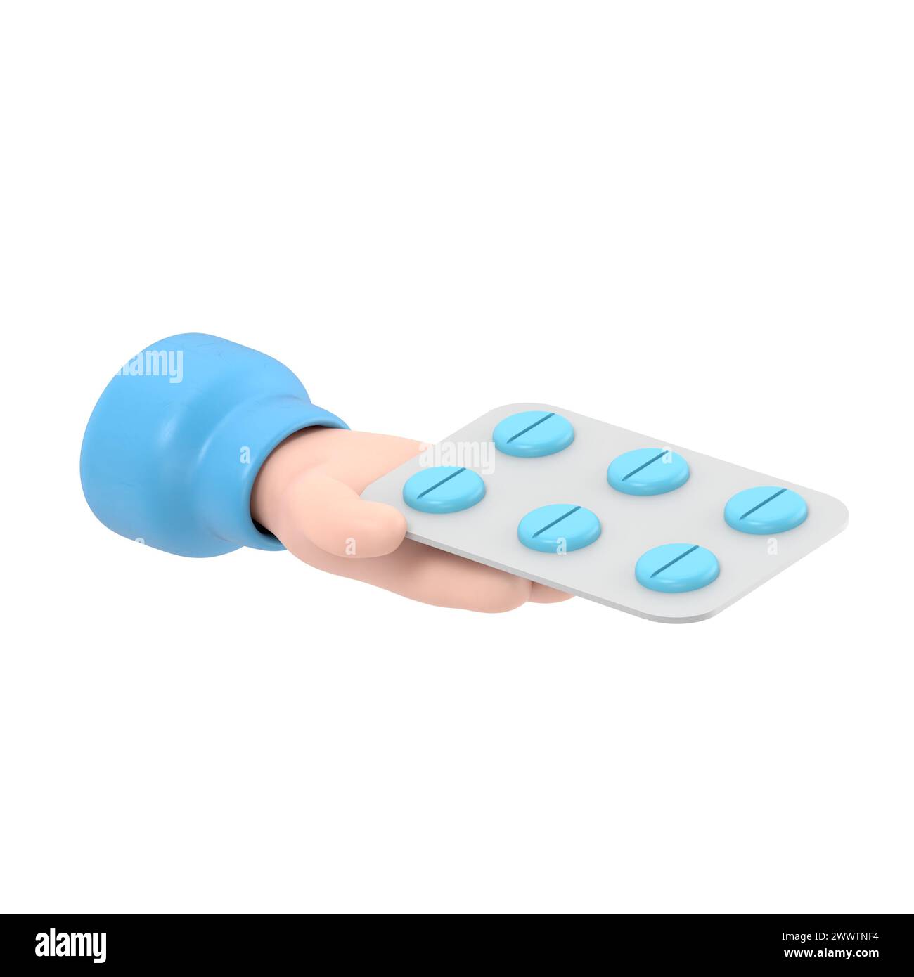 rendu 3d. Icône Pack de pilules. Docteur ou pharmacien main de dessin animé avec la peau noire tenant des médicaments. Illustration médicale de soins de santé.rendu 3D sur blanc Banque D'Images