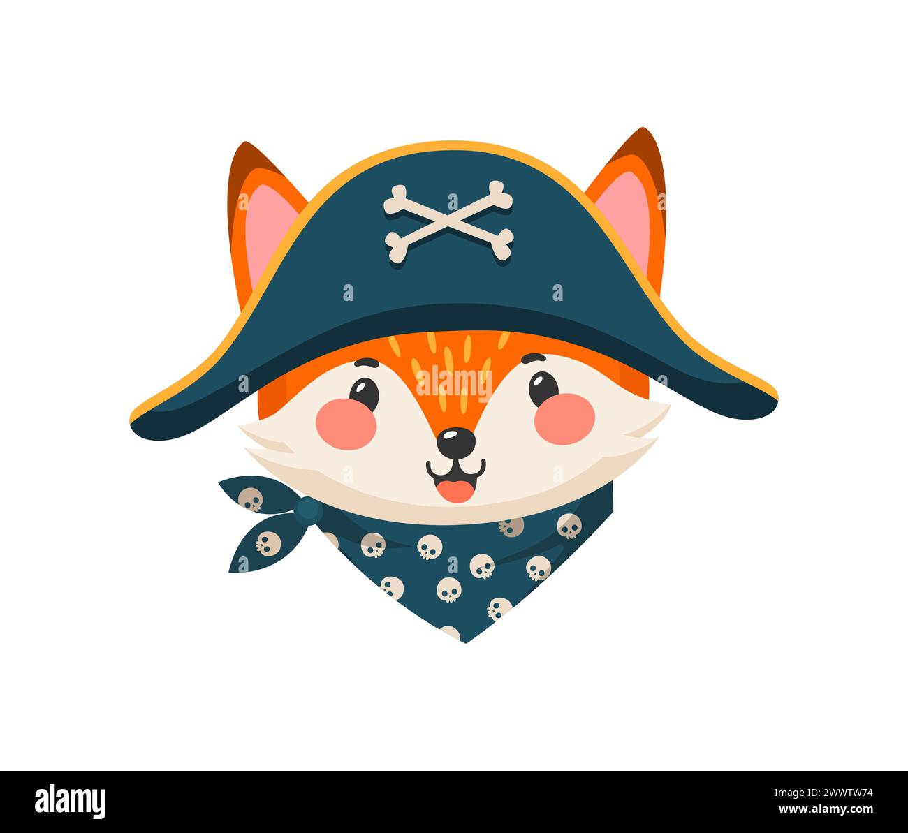 Pirate animal de renard de bande dessinée ou capitaine et marin corsaire, caractère vectoriel. Drôle de renard des Caraïbes dans le chapeau tricorne pirate avec des os croisés, skipper marin Illustration de Vecteur