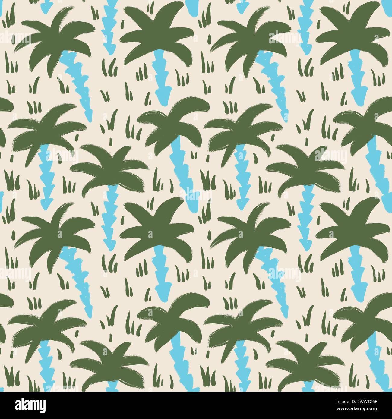 Motif sans couture dessiné à la main avec des palmiers verts turquoise bleu sur fond beige. Imprimé d'été de plage tropicale de l'île, design de paysage de cocnut côtier, art pastel élégant Banque D'Images