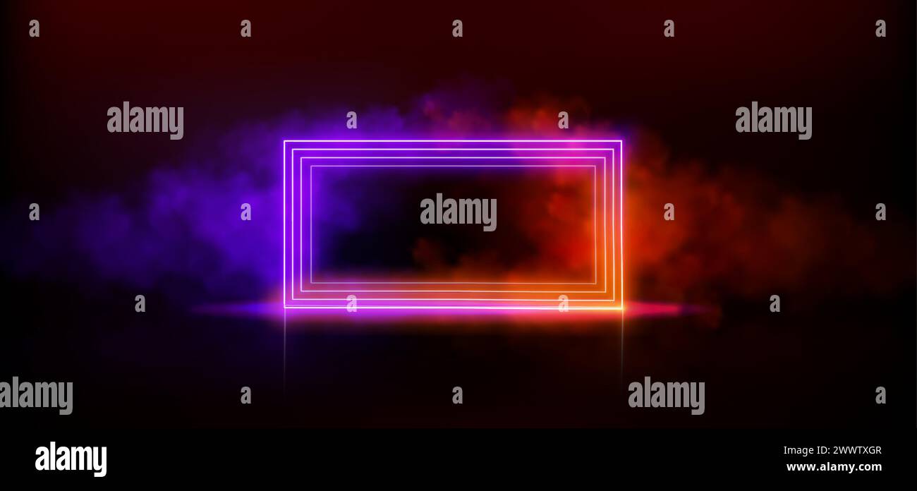 Cadre rectangulaire lumineux au néon avec nuage de fumée. 3D réaliste avec triple portail rectangulaire ou bordure de texte avec brouillard sur fond sombre. Boîte de lumière laser futuriste de couleur dégradé avec brume et aura. Illustration de Vecteur