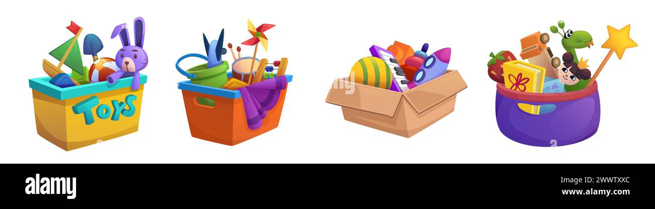 Boîte à jouets pour enfant avec cadeau pour jouer vecteur isolé. Bébé boule d'enfant, voiture, poupée et fusée bourré dans le paquet complet pour don. Animal lapin en peluche avec tambour dans un récipient en carton à la maternelle ou à la boutique Illustration de Vecteur