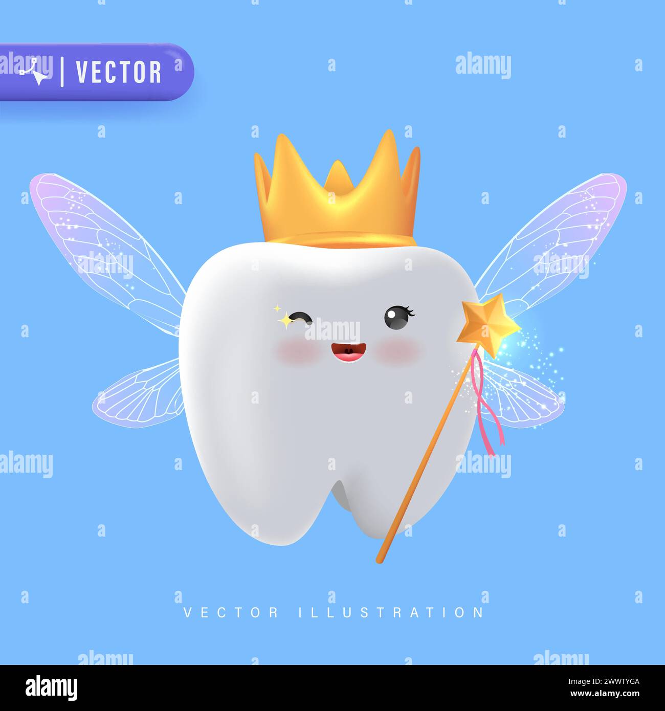 Illustration de dessin animé de vecteur de fée de dent. Jolie fée à dents portant une couronne et tenant une illustration vectorielle Star Magic Wand Illustration de Vecteur