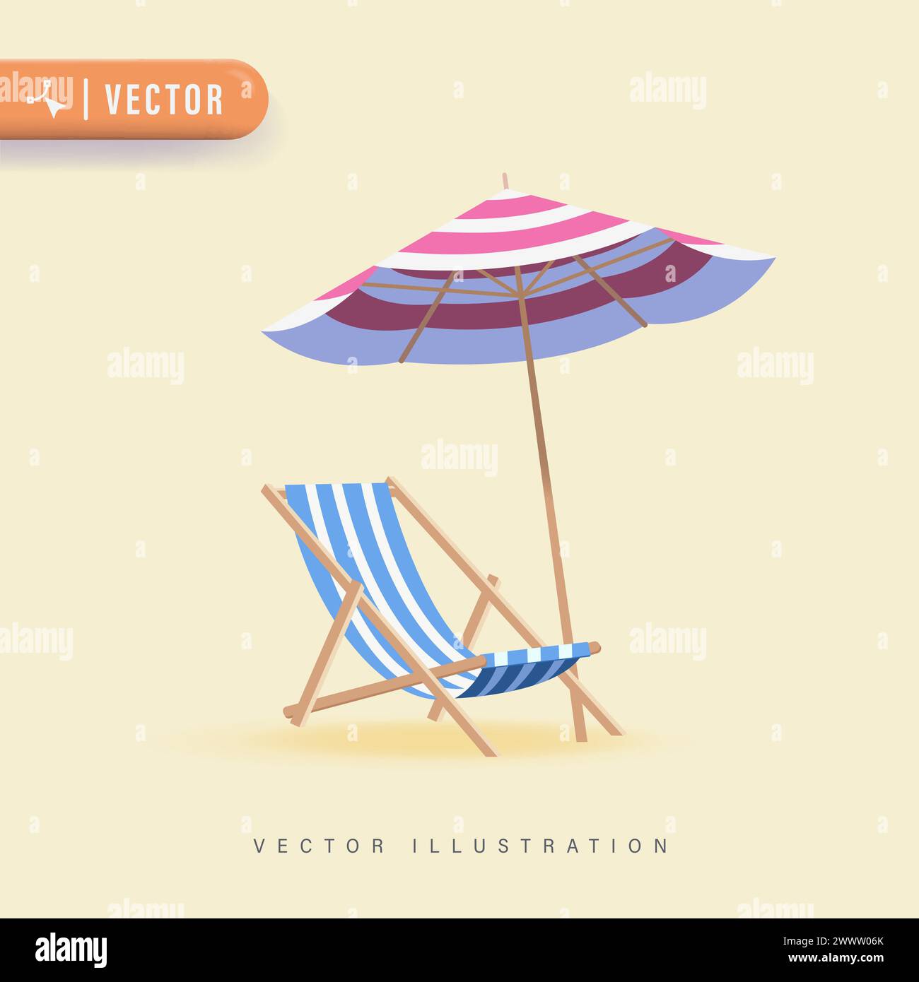 Transat de plage d'icône de vacances vectoriel 3D réaliste avec parasol, chaise longue en bois. Détendez-vous en été. Chaise longue. Parasol, chaise de plage. Illustration de Vecteur