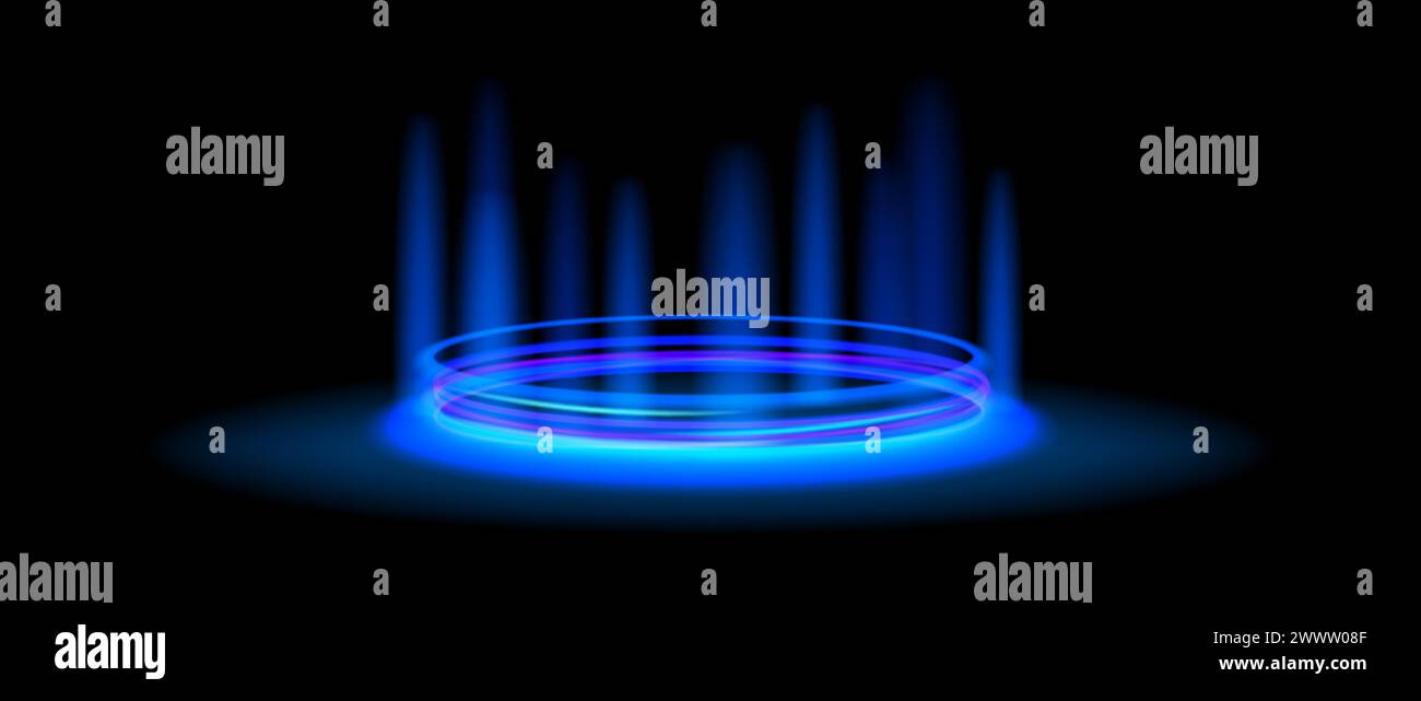 Concept de portail lumineux bleu. Téléport holographique néon sur fond noir. Porte numérique circulaire avec aura et faisceaux. Modèle de podium Round Flare pour jeu, interface utilisateur, interface. Illustration vectorielle Illustration de Vecteur