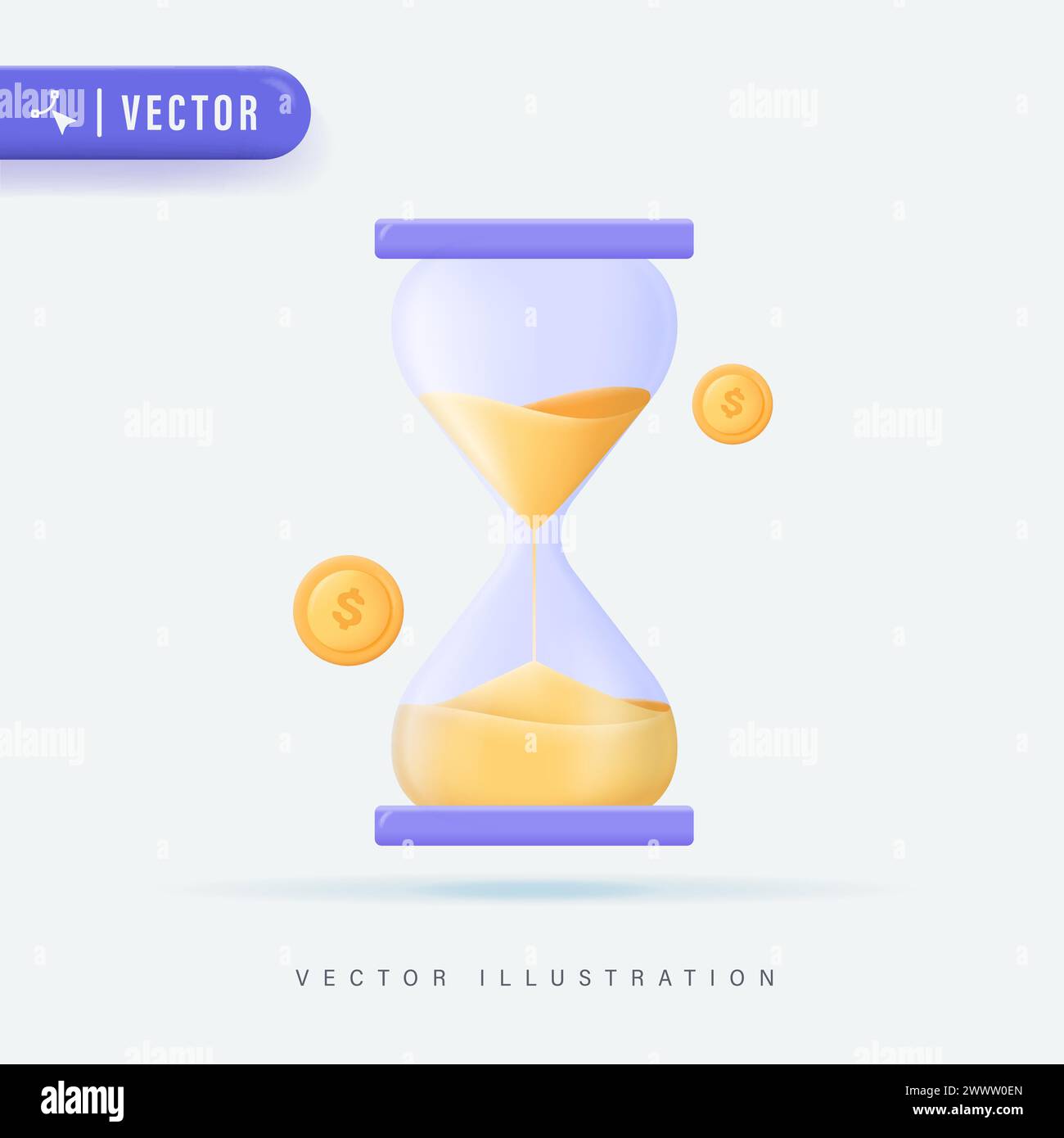 Sablier réaliste 3D avec du sable courant à l'intérieur en arrière-plan isolé illustration vectorielle. Icône et symbole du logo du minuteur 3D. Illustration de Vecteur