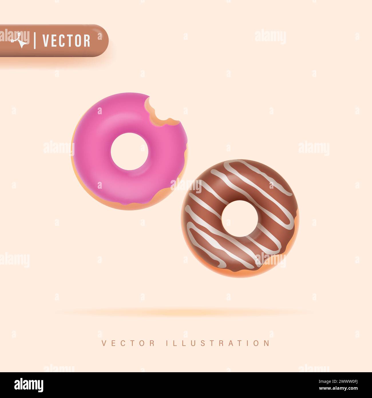 Donut réaliste 3D avec illustration vectorielle de glaçure de fraise et chocolat. Vue de dessus Illustration de Vecteur