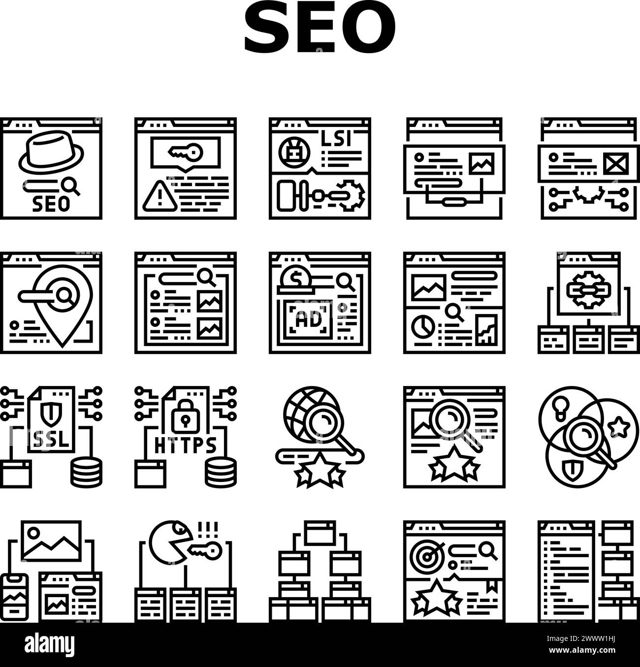 vecteur d'ensemble d'icônes de recherche de rang de marché seo Illustration de Vecteur