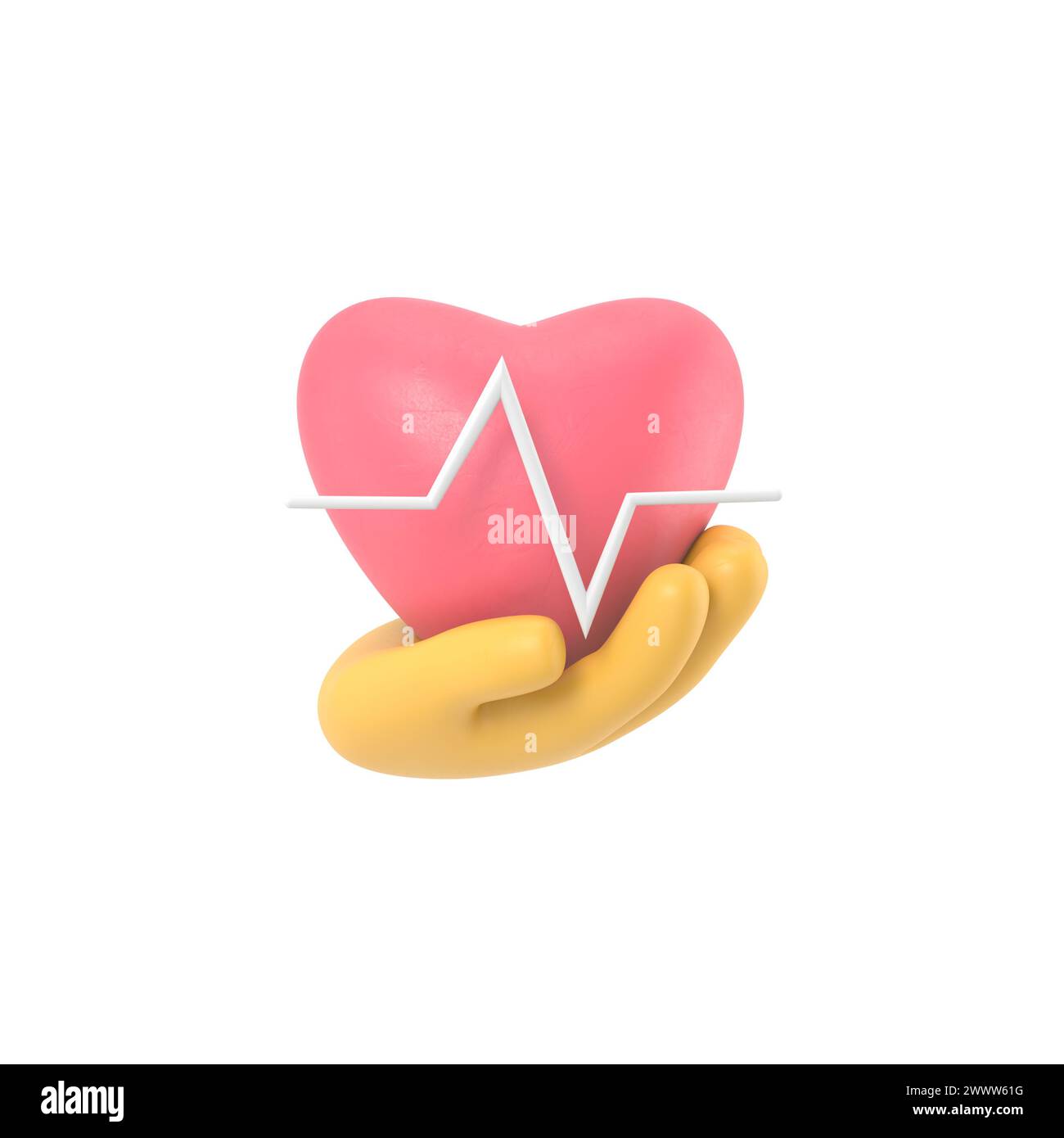 rendu 3d. Icône de fréquence cardiaque médicale. Médecin ou cardiologue main de dessin animé tenant le cœur avec la ligne de la carte. Healthcare illustration.rendu 3D sur blanc b Banque D'Images