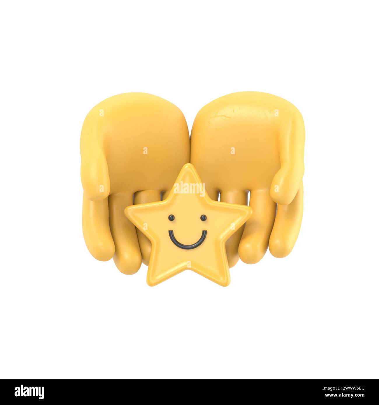 Main tenant l'étoile jaune visage de sourire heureux, bonne note de rétroaction, avis positif, sondage de satisfaction, évaluation de la santé mentale, bien-être enfant, monde Banque D'Images