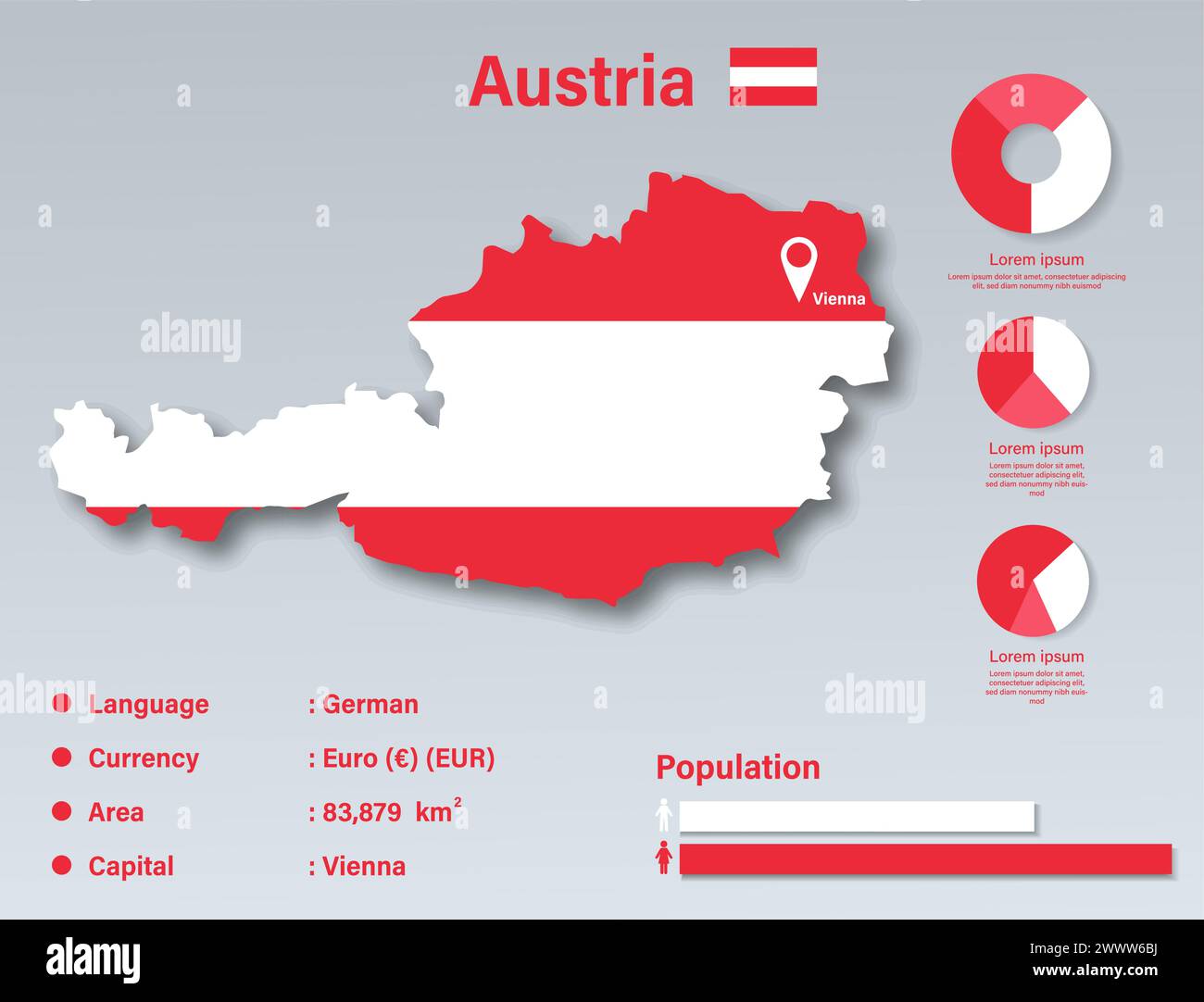 Autriche illustration vectorielle infographique, élément de données statistiques de l'Autriche, Conseil d'information de l'Autriche avec carte du drapeau, carte de l'Autriche conception plate du drapeau Illustration de Vecteur