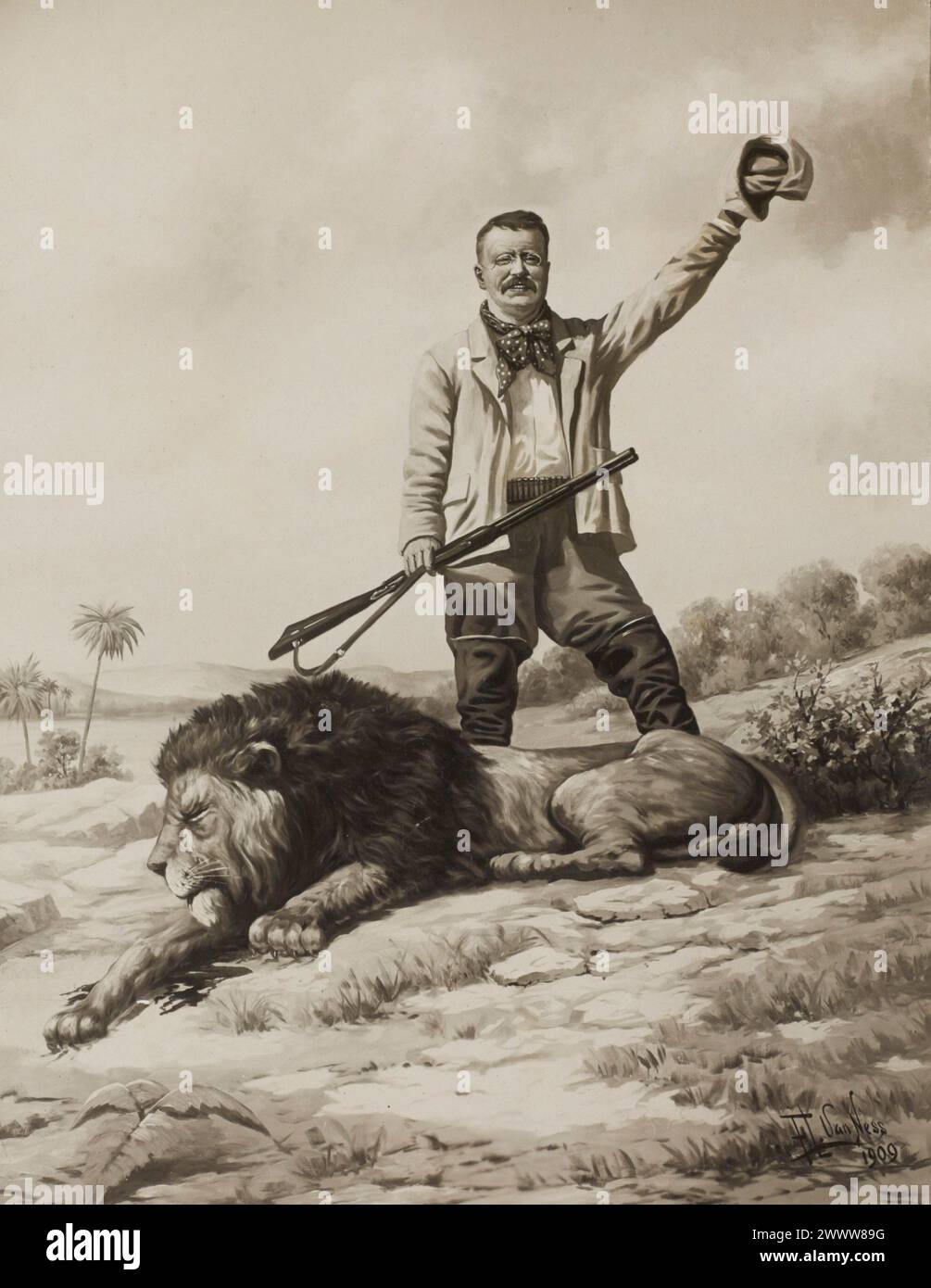 Theodore Roosevelt avec lion mort - Van Ness illustration 1902 Banque D'Images