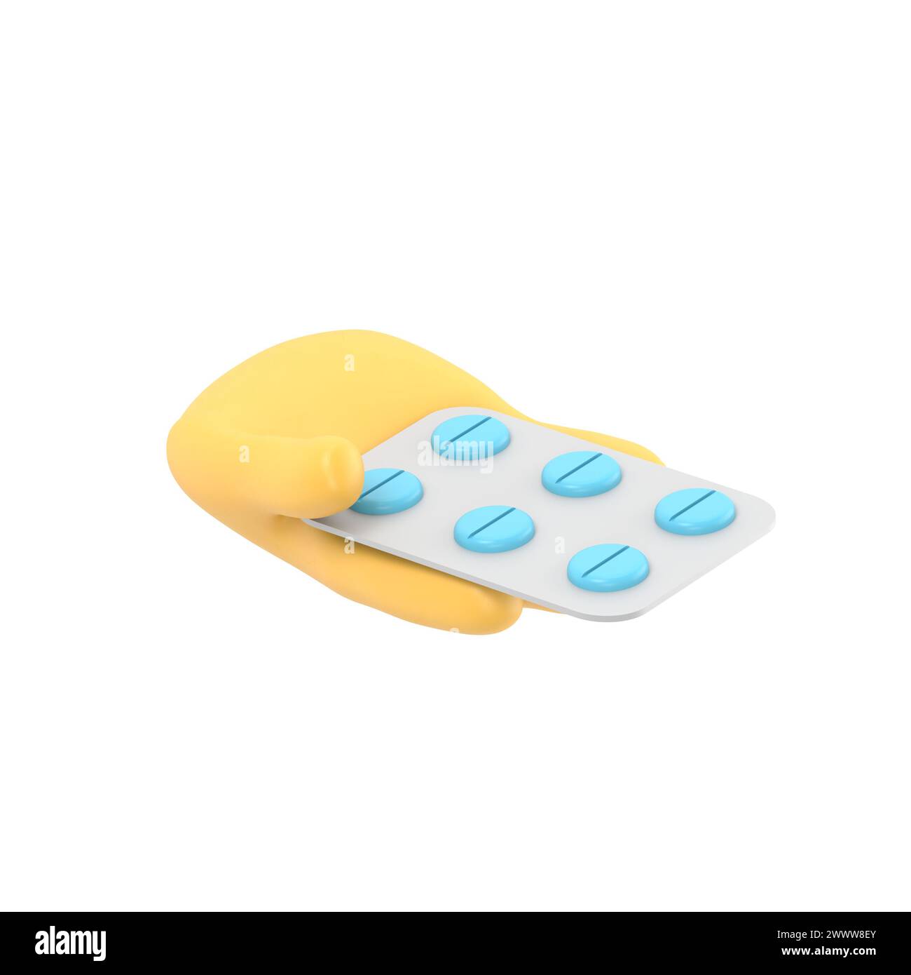 rendu 3d. Icône Pack de pilules. Docteur ou pharmacien main de dessin animé avec la peau noire tenant des médicaments. Illustration médicale de soins de santé.rendu 3D sur blanc Banque D'Images