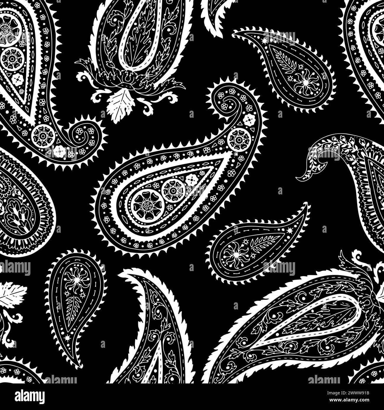 Modèle sans couture Monohcrome avec motifs Paisley sur fond noir Illustration de Vecteur