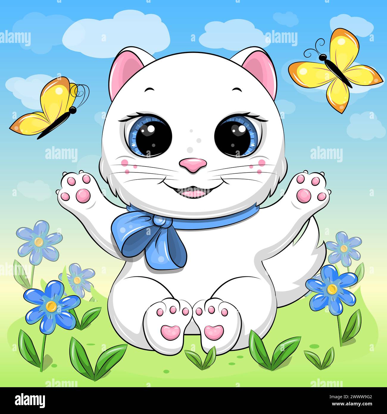 Chat blanc de dessin animé mignon et fleurs bleues dans la nature. Illustration vectorielle d'animaux dans la nature avec des fleurs, des papillons jaunes, un ciel bleu et des nuages blancs Illustration de Vecteur