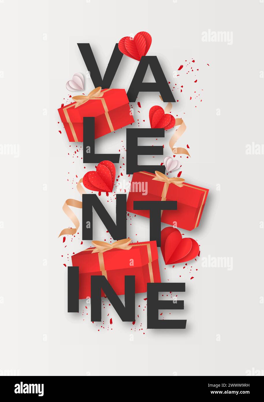 Conception d'affiche de Saint-Valentin avec cœur rouge et illustration vectorielle de boîte-cadeau Illustration de Vecteur