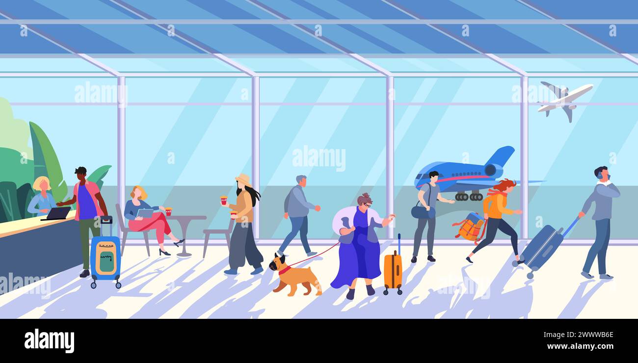 Intérieur à l'intérieur du terminal de l'aéroport avec personnes et bagages. Salon de l'aéroport par une journée ensoleillée. Une grande femme avec un chien et une fille qui court. Enregistrement de vol au comptoir. Illustration vectorielle plate pour bannière, affiche et publicité Illustration de Vecteur