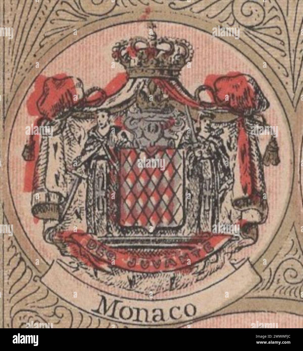 Rare antique milieu du XIXe siècle (années 1850-1860) lithographie image sur les armoiries de Monaco en langue allemande / lithographie antike wappen von Monaco Banque D'Images