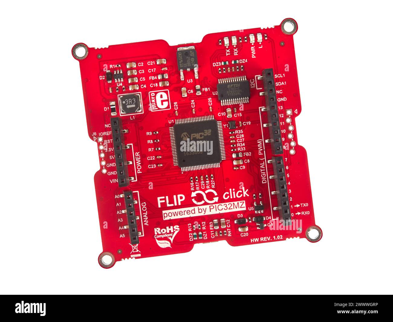 Bucarest, Roumanie - 11 12 2020 : Flip&Click PIC32MZ est une carte de développement compatible Arduino pour microcontrôleurs PIC 32 bits, avec la même connexion Banque D'Images