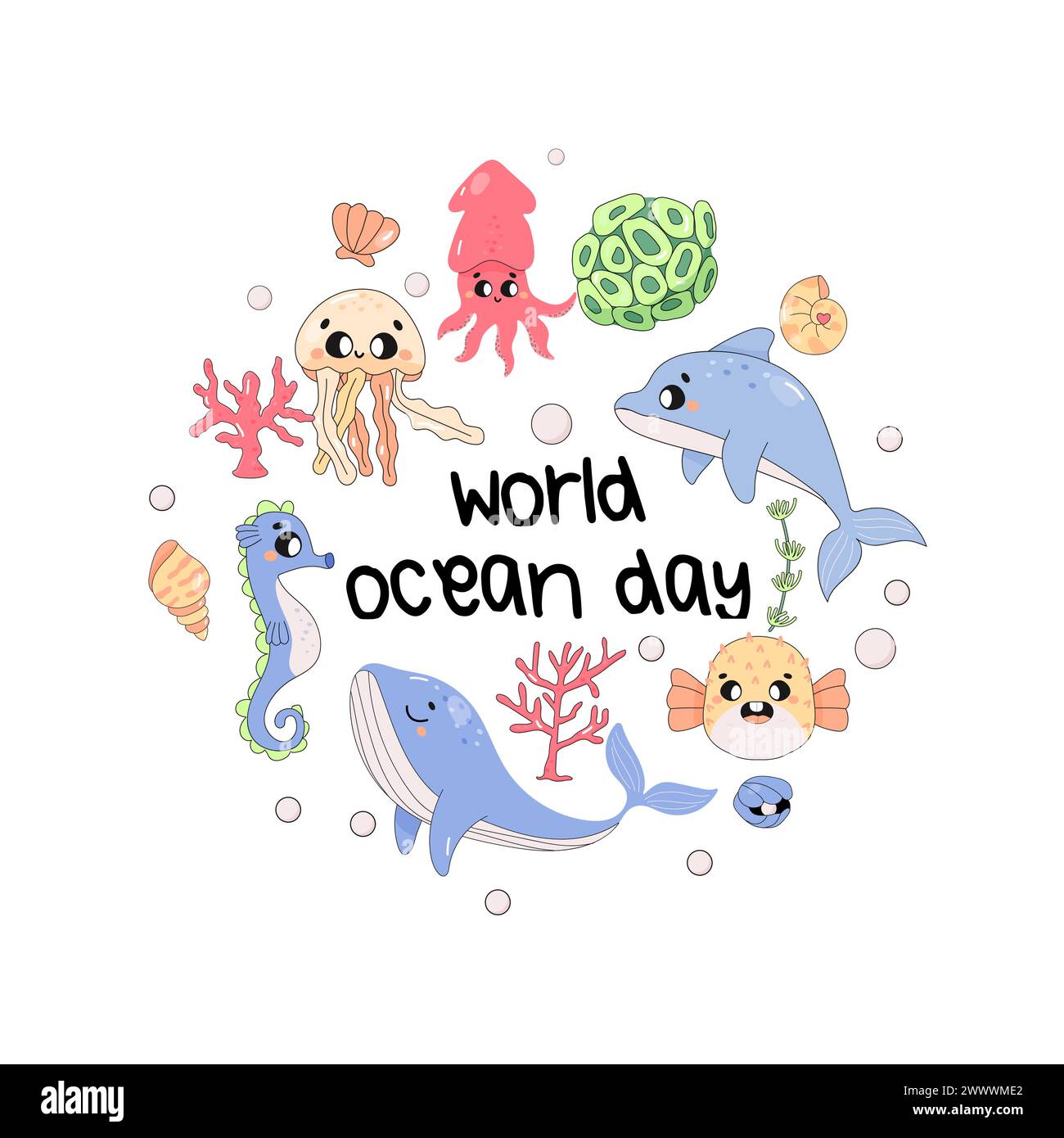 journée mondiale de l'océan, monde marin, dauphin, baleine, poisson fugu, calmars, algues hippocampes. Illustration de Vecteur