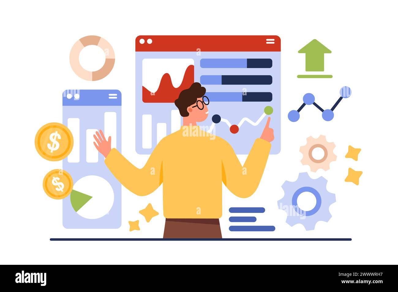 Benchmarking, évaluation des rapports de données. Analyse financière des graphiques statistiques et des informations métriques par un homme d'affaires minuscule, comparer la qualité, rechercher des indicateurs techniques illustration vectorielle de dessin animé Illustration de Vecteur