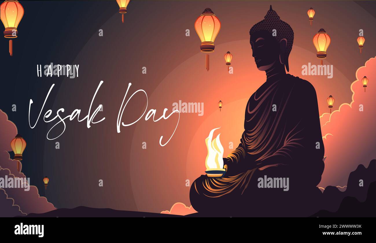 Vesak Day Creative concept pour carte ou bannière. Le jour du Vesak est un jour Saint pour les bouddhistes. Joyeux Bouddha Day avec Siddhartha Gautama Statue Design Vector il Illustration de Vecteur