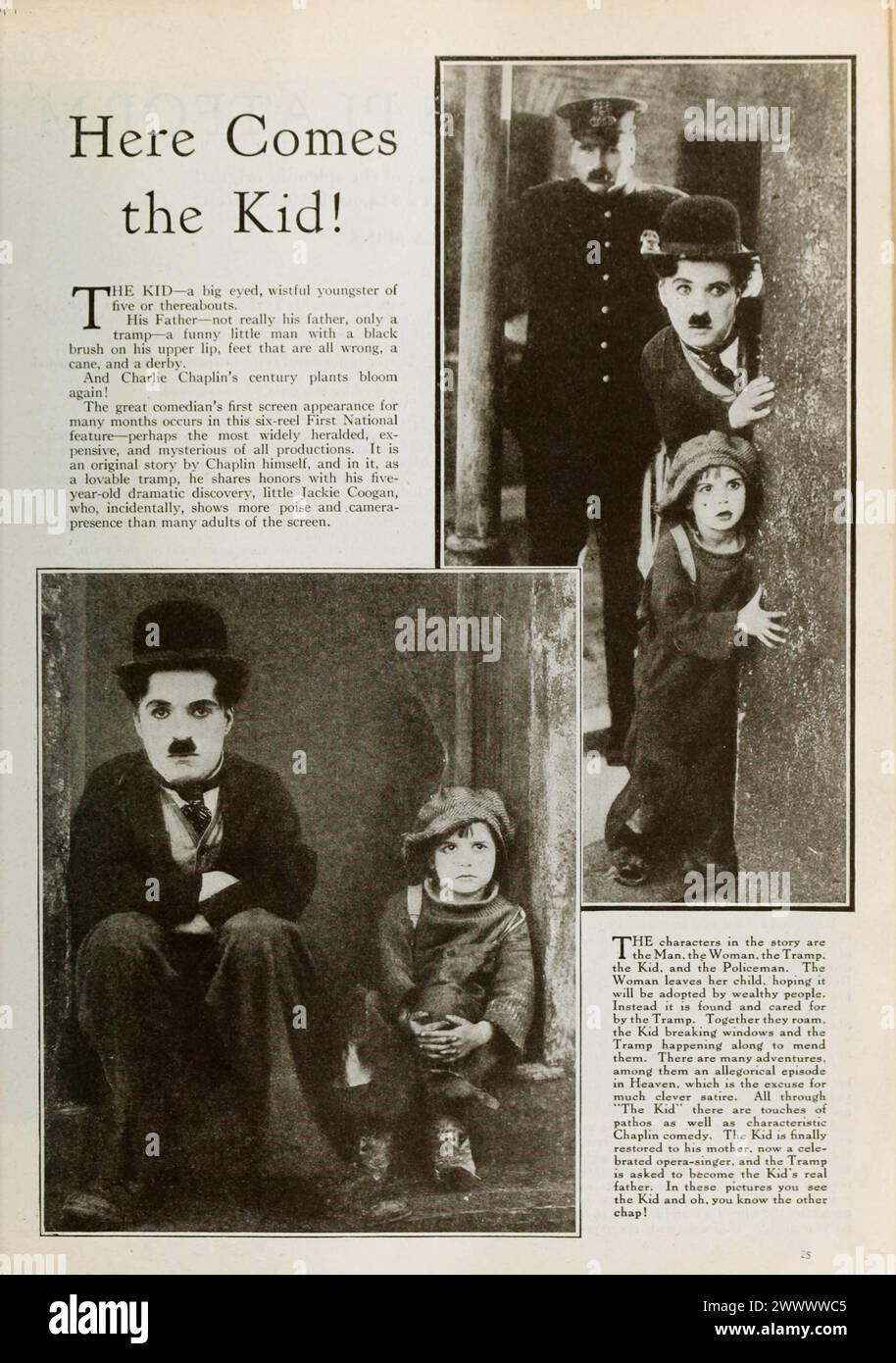 Reportage PHOT de Charles Chaplin 'Charlie'. Vintage Photoplay Magazine photographie portrait de l'acteur de cinéma dans le rôle de film Untilled 'Here Comes the Kid' sur le film The Kid, vers les années 1920 Banque D'Images