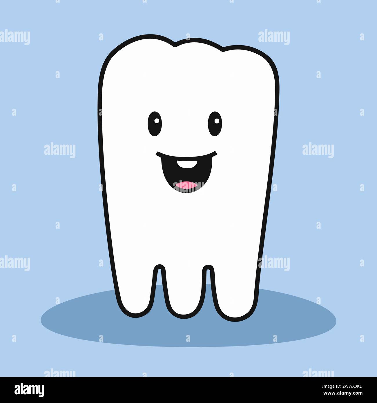 Icône de personnage de dent humaine de dessin animé mignon. Dent blanche saine avec visage souriant heureux isolé sur fond bleu clair. Illustration vectorielle. Illustration de Vecteur