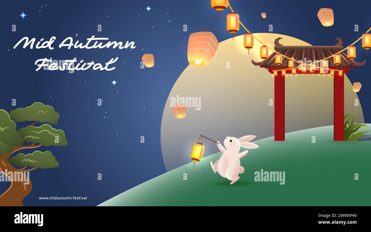 Joyeux festival de mi-automne avec Temple chinois rouge, lapin, Mooncake et illustration vectorielle de lanterne volante. Illustration de Vecteur