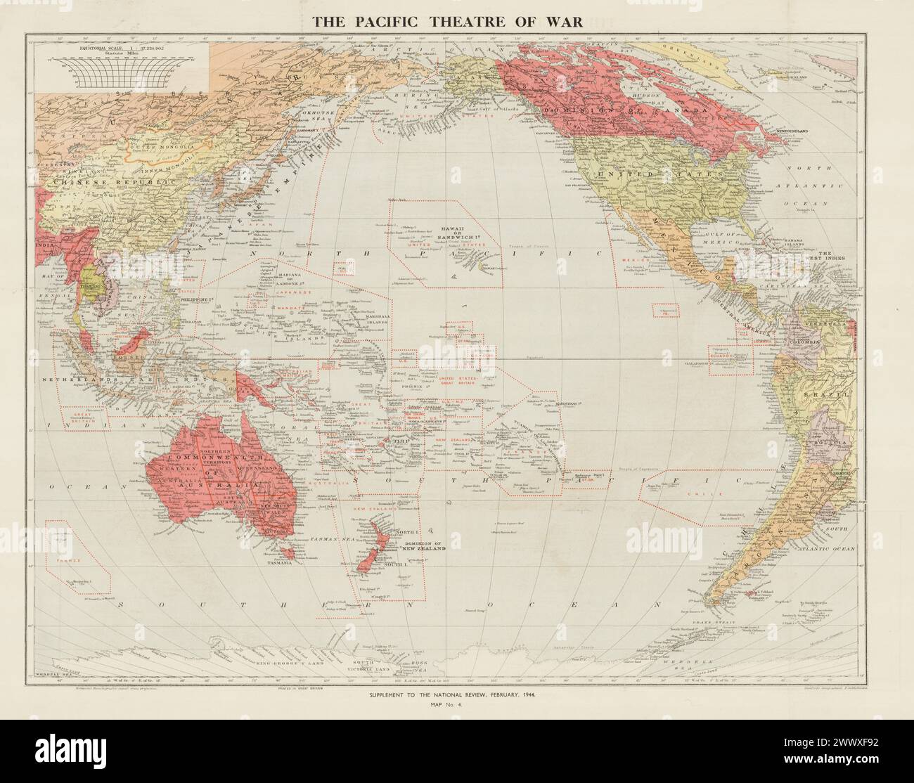 Carte vintage de la seconde Guerre mondiale. Le théâtre de guerre du Pacifique : supplément à la revue nationale / Stanford's Geographical Establishment 1944 Banque D'Images
